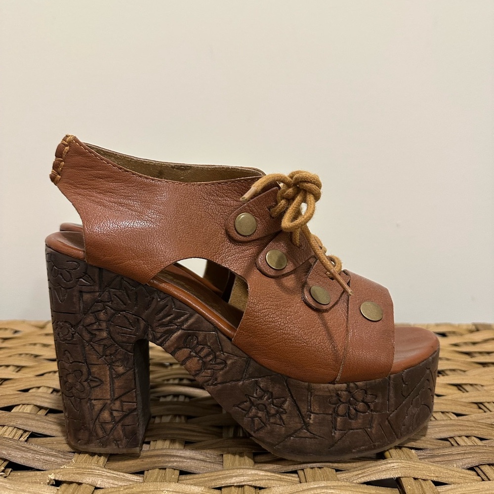 Free People Tan Brown Leather Lace-Up Platform Sandal
